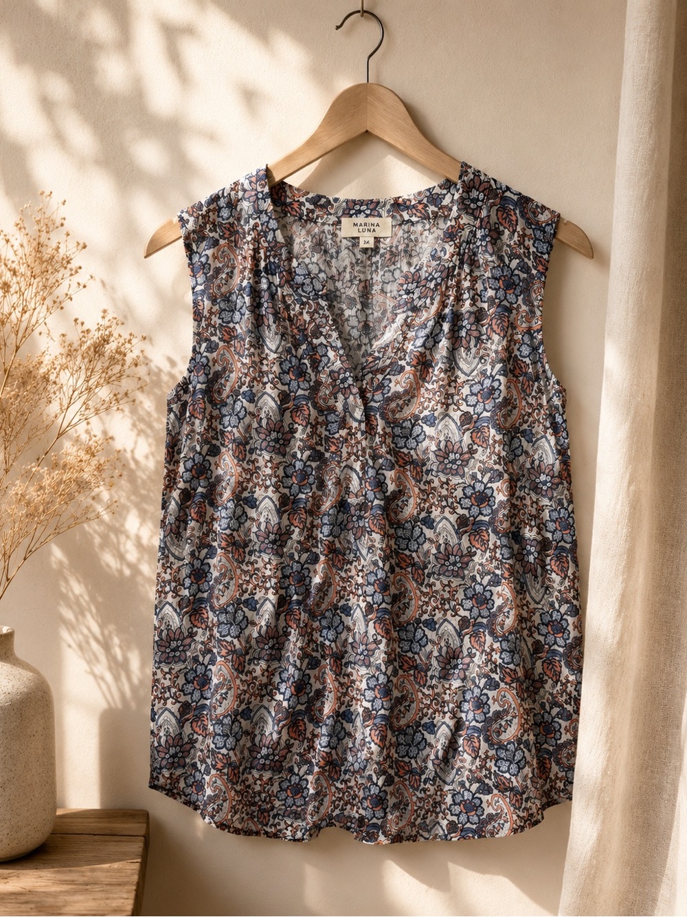 Marina Luna Paisley V-Neck Sleeveless Top in Blue & Brown| 2X